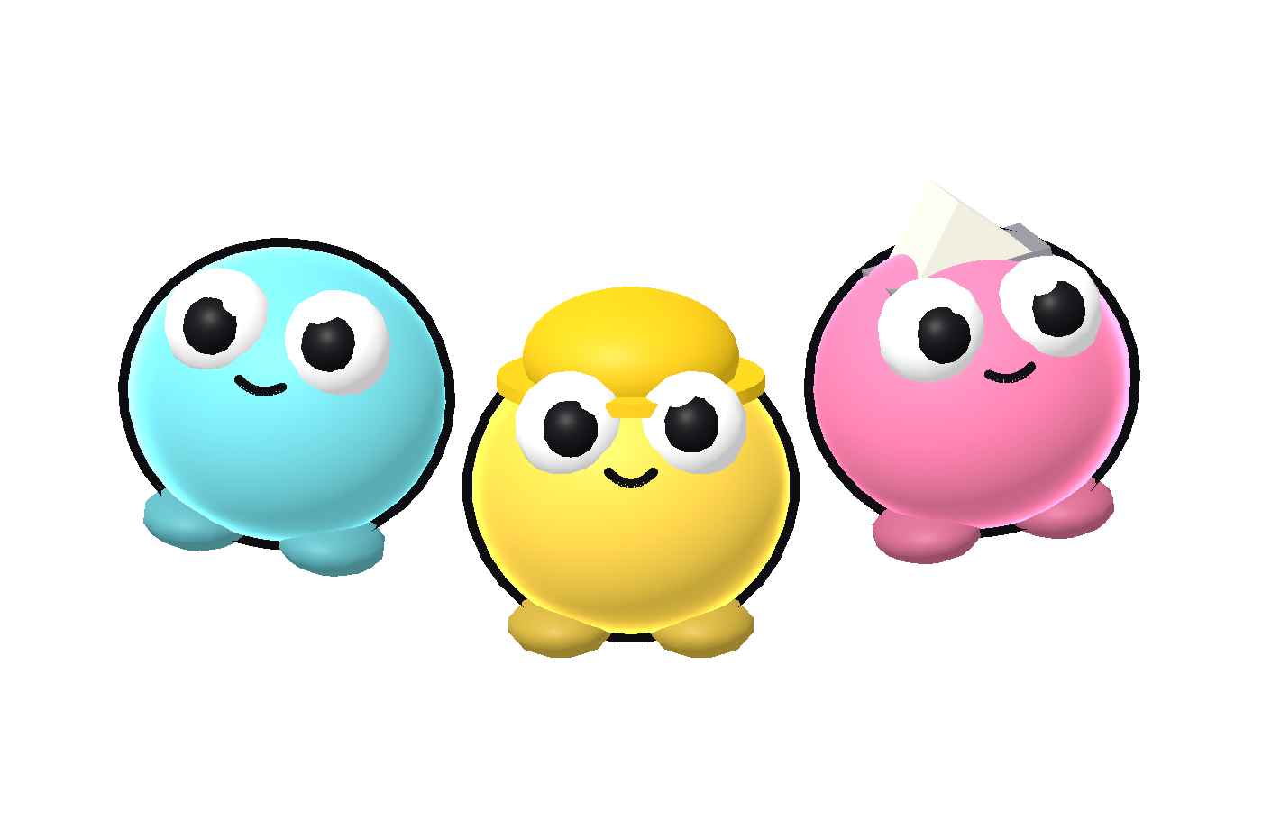 Three smiling Nukeez: a blue blob, a yellow blob in a hard hat, and a pink blob in a paper hat