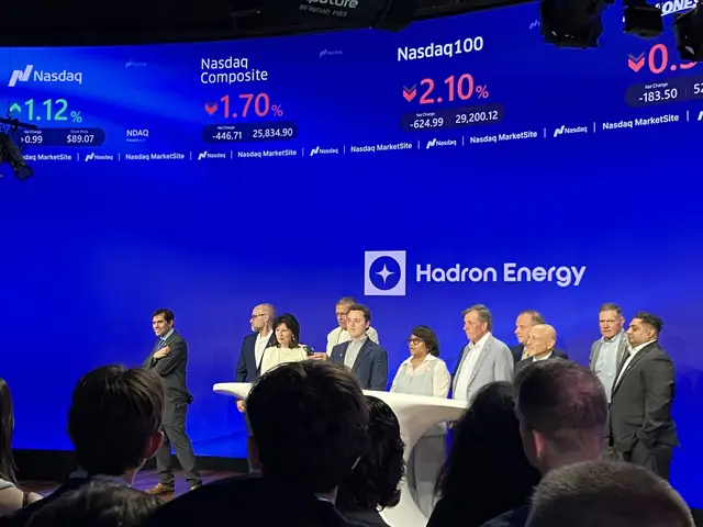 A group at Nasdaq MarketSite beneath a large Hadron Energy display.